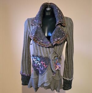 Forla Paris Made In France Olive Green Embroidered Side Tie Cardigan Sweater